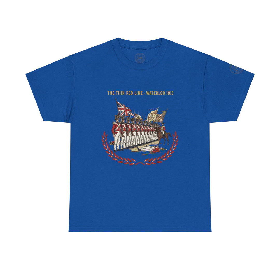 Blue t-shirt by S&amp;W Gallus with a graphic print of soldiers in formation and "The Thin Red Line - Waterloo 1815".