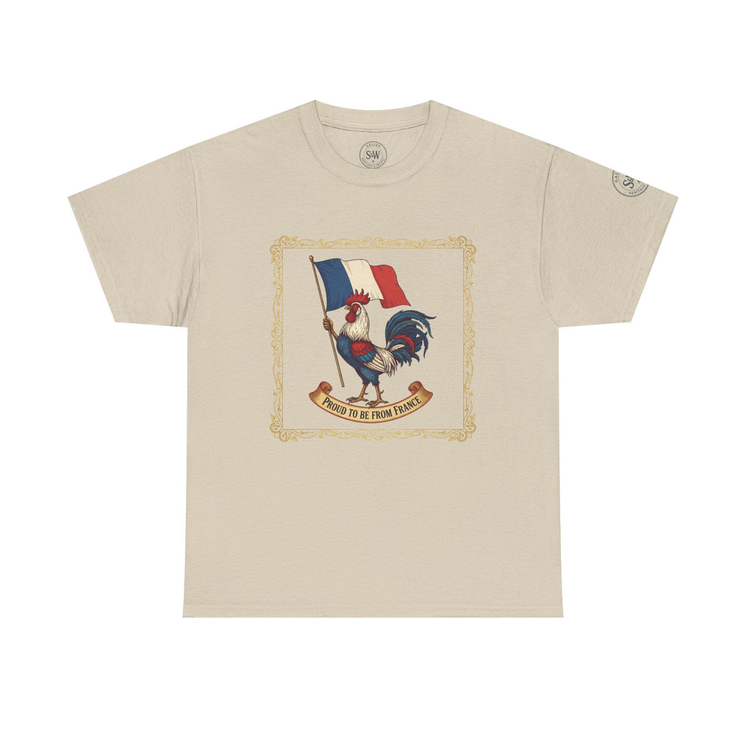 Beige t-shirt by S&amp;W Gallus featuring a French rooster and flag graphic with ornate border.