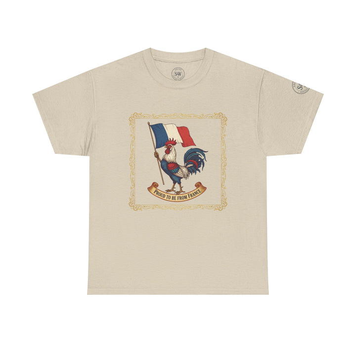 Beige t-shirt by S&amp;W Gallus featuring a French rooster and flag graphic with ornate border.