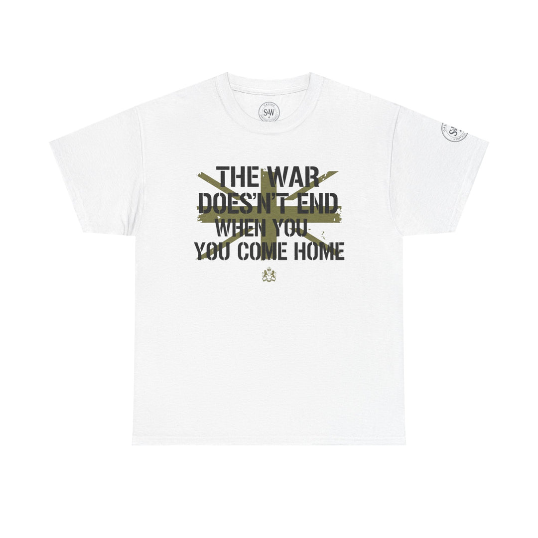 White graphic t-shirt by S&amp;W Gallus with a printed text design and crossed-out element.