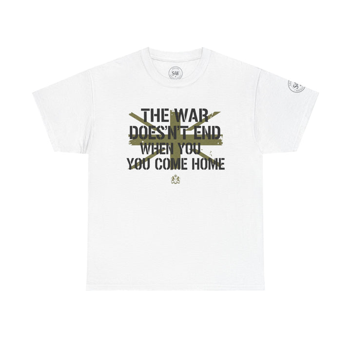 White graphic t-shirt by S&amp;W Gallus with a printed text design and crossed-out element.