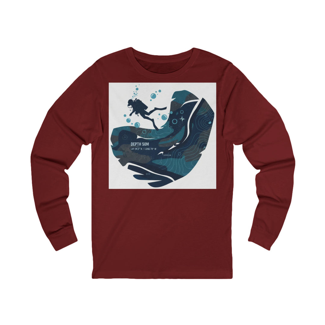 Maroon long-sleeve tee by S&amp;W Gallus with a diver and topography graphic in blue tones.