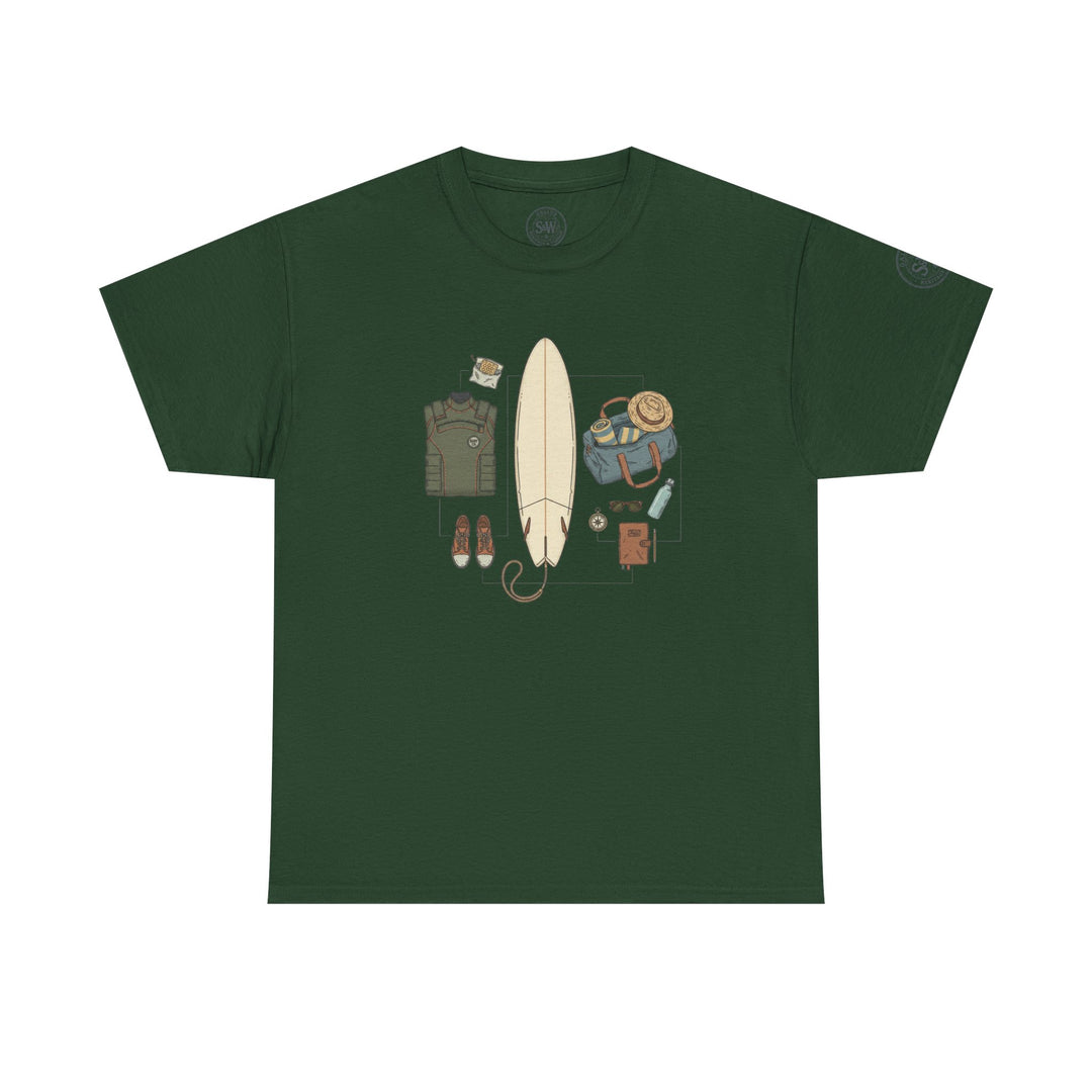 Dark green t-shirt from S&amp;W Gallus featuring a centered graphic of surfing gear and accessories.