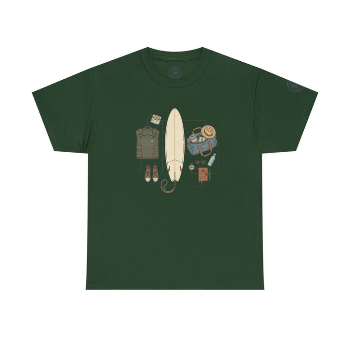 Dark green t-shirt from S&amp;W Gallus featuring a centered graphic of surfing gear and accessories.