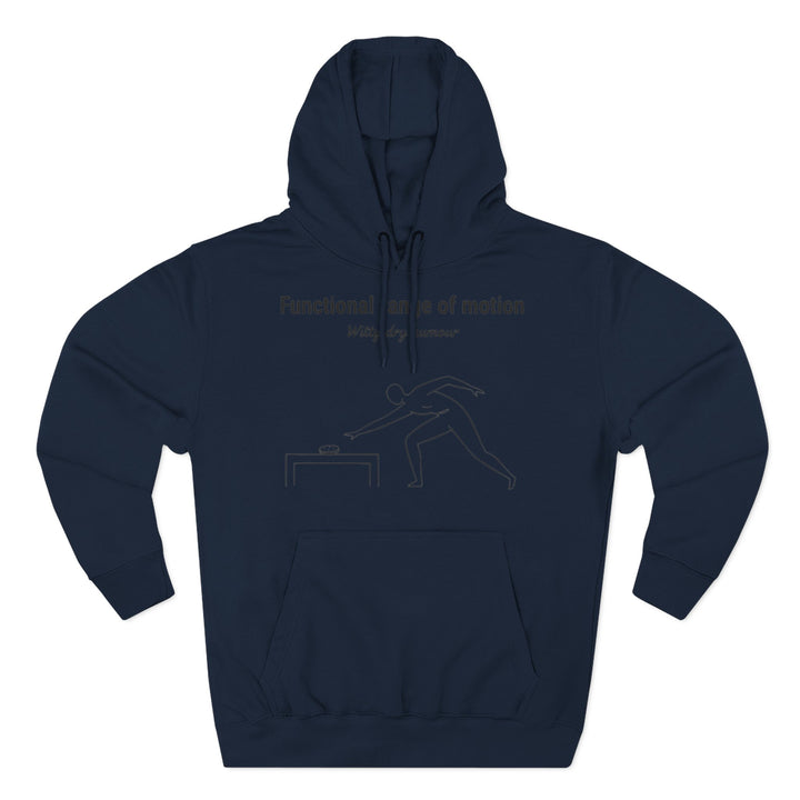 Navy blue hoodie by S&amp;W Gallus featuring a "functional range of motion" graphic with a hooded neck.