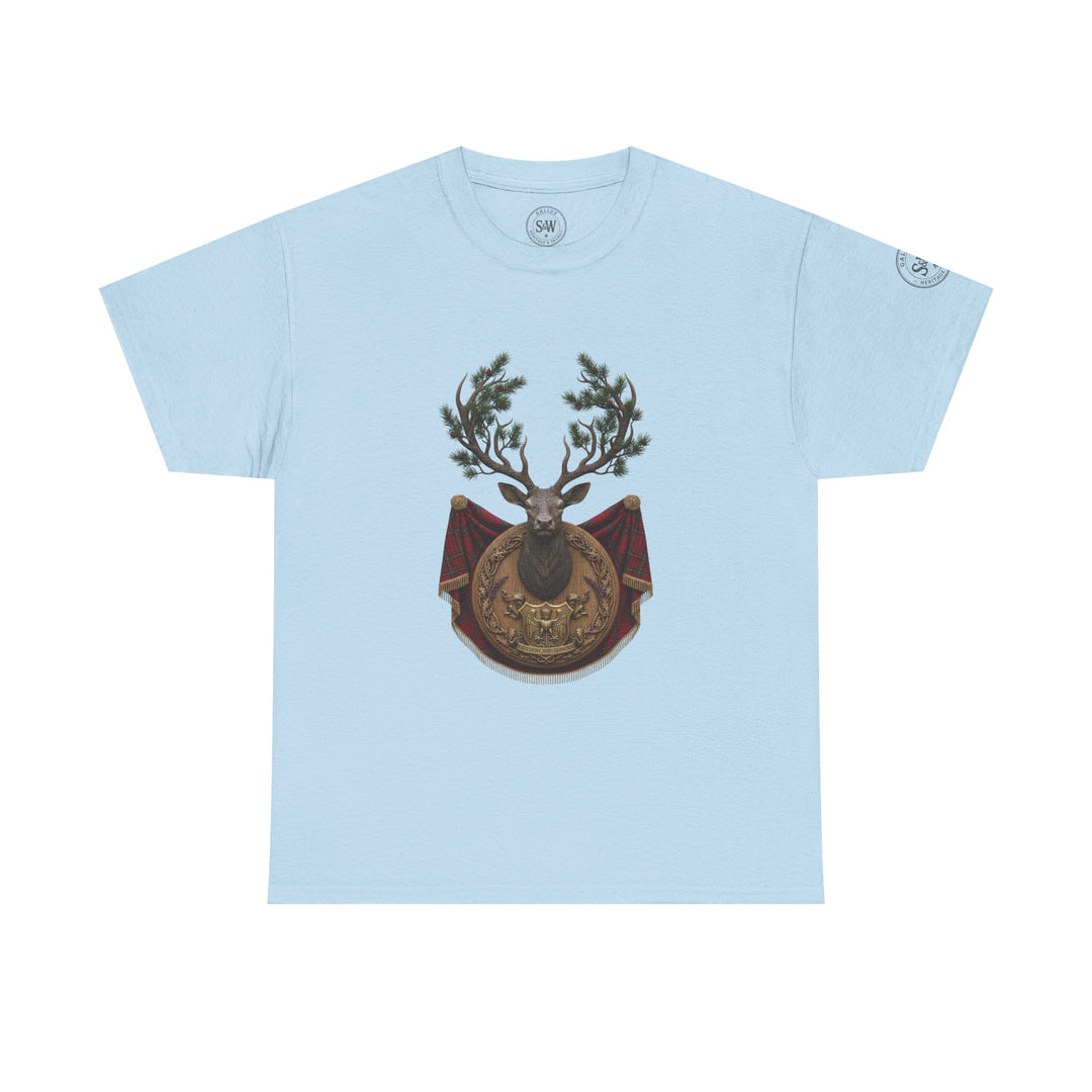Light blue t-shirt by S&amp;W Gallus, featuring a stag crest with a decorative shield and a tartan drape.