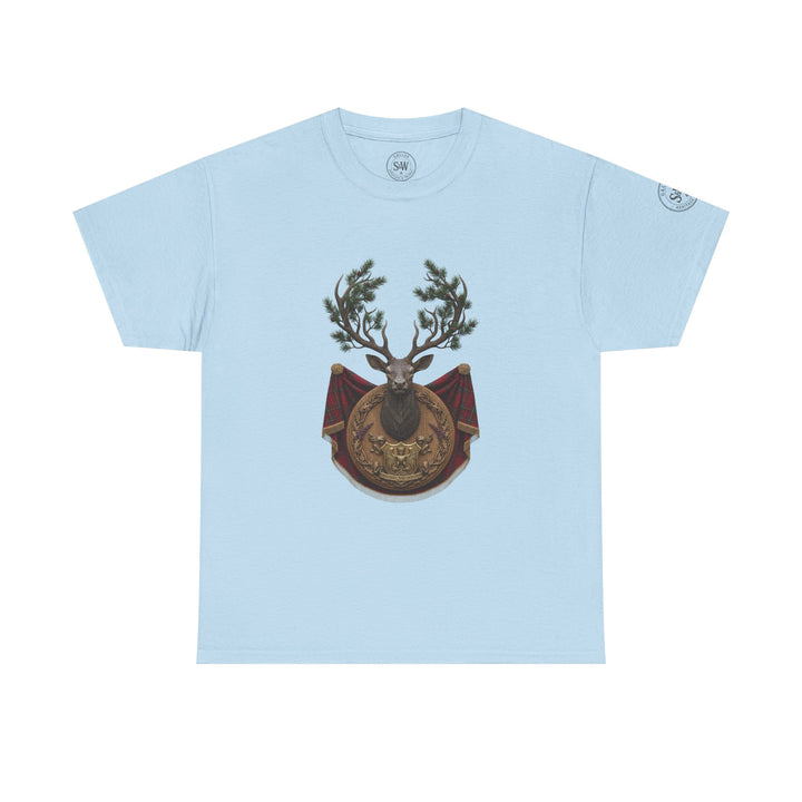 Light blue t-shirt by S&amp;W Gallus, featuring a stag crest with a decorative shield and a tartan drape.