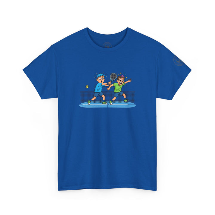 Blue graphic tee by S&amp;W Gallus featuring cartoon padel players in action on the front.