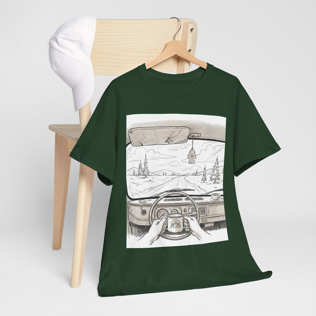 Scenic Drive Van Illustration Tee – soft cotton with a detailed van and landscape design. Perfect for road trips, outdoor adventures, and casual wear.