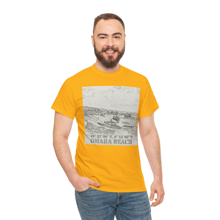 Yellow t-shirt by Veteran owned, featuring an Omaha Beach print, worn with blue jeans.