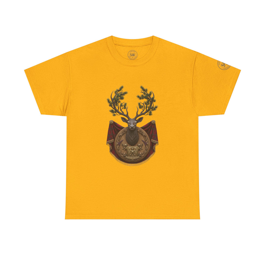 Gold t-shirt by S&amp;W Gallus, featuring a stag crest design, short sleeves, and a round neck.
