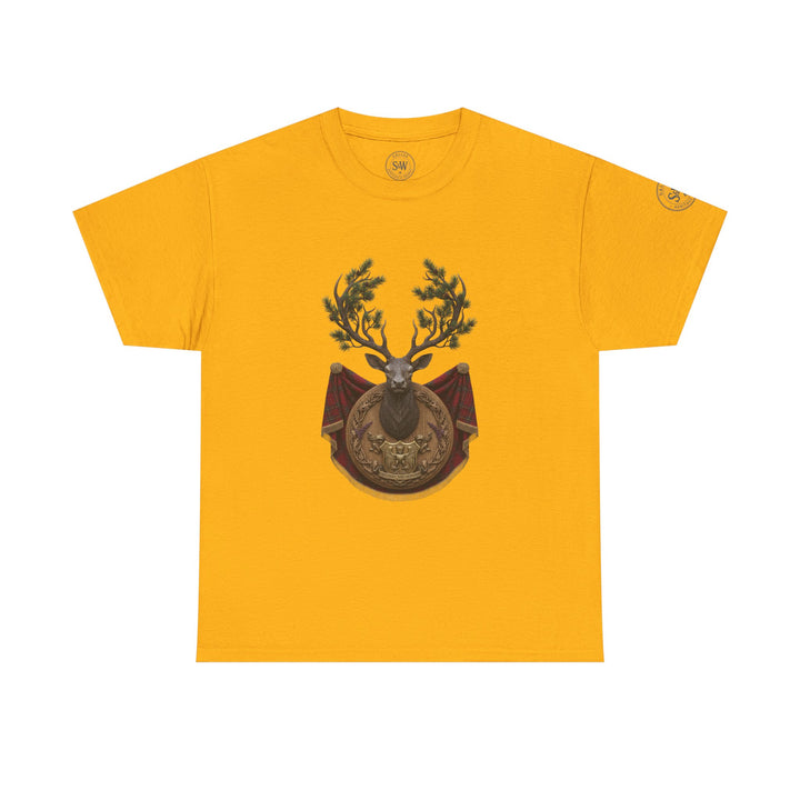 Gold t-shirt by S&amp;W Gallus, featuring a stag crest design, short sleeves, and a round neck.