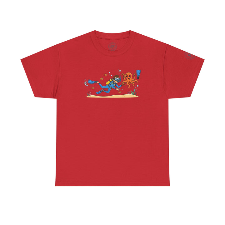 Red t-shirt by S&amp;W Gallus with a cartoon graphic of a scuba diver encountering an octopus underwater.