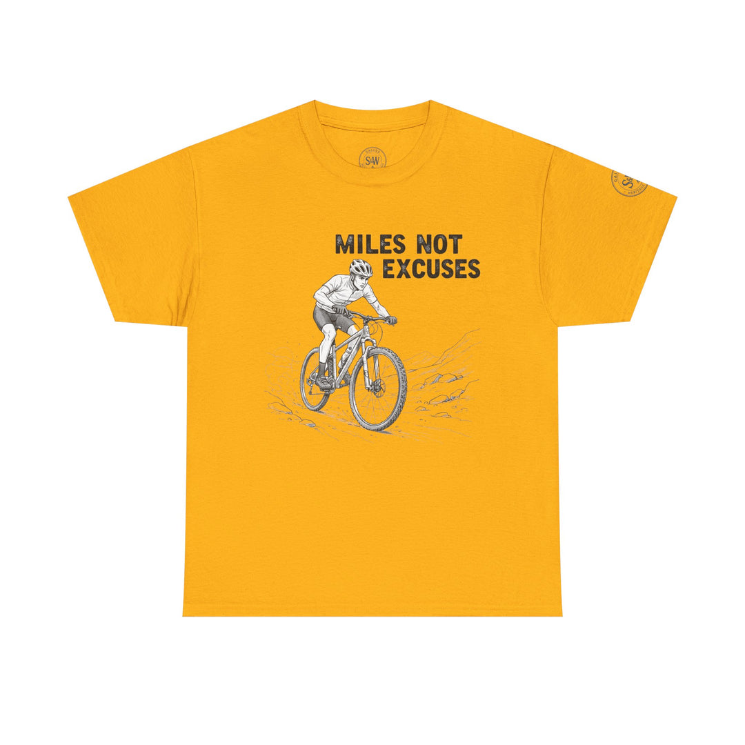 Mustard yellow T-shirt by S&amp;W Gallus with a graphic of a cyclist and the words "Miles Not Excuses."