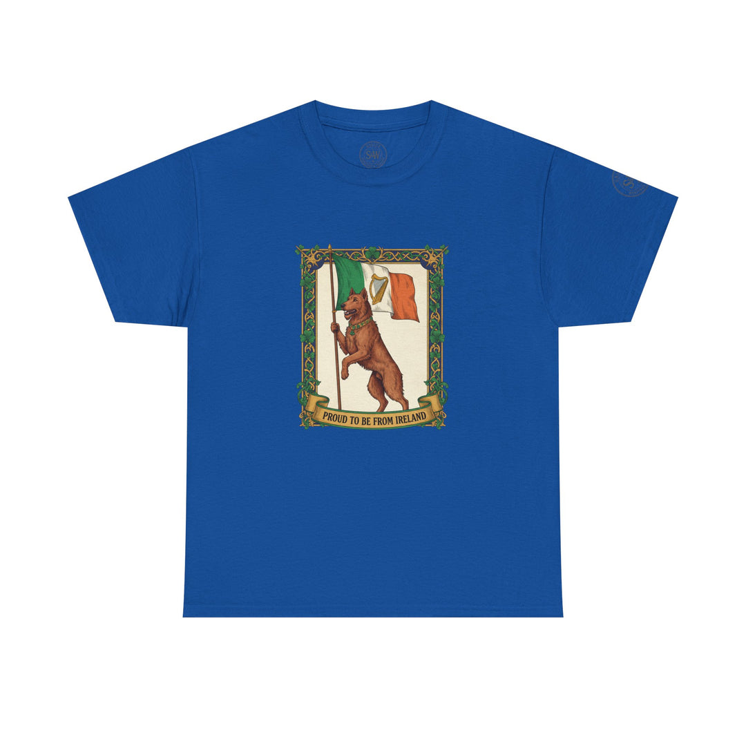 Blue t-shirt by S&amp;W Gallus, featuring a graphic of a bear with Irish flags and shamrock accents.