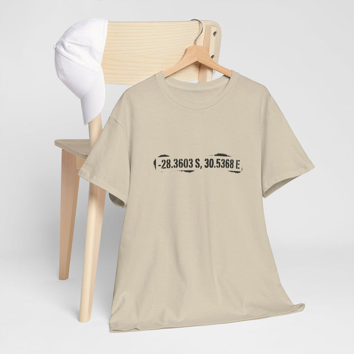 Rorke’s Drift T-Shirt featuring historic battle coordinates. Honor the 1879 Anglo-Zulu War with precise latitude &amp; longitude design.