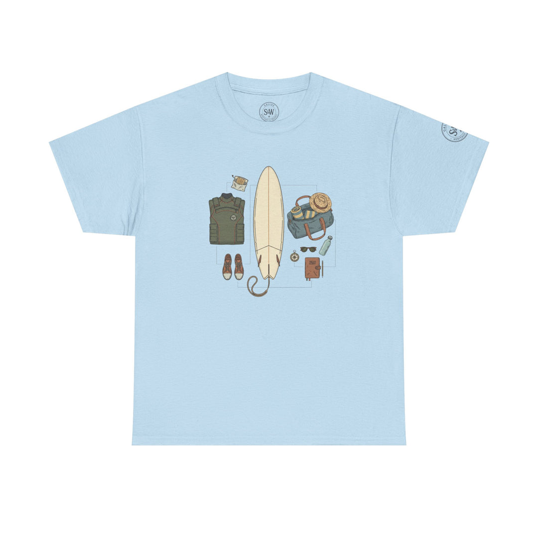 Light blue t-shirt by S&amp;W Gallus, featuring a graphic of surfing equipment and travel accessories.