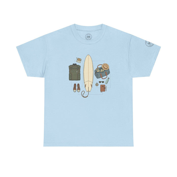 Light blue t-shirt by S&amp;W Gallus, featuring a graphic of surfing equipment and travel accessories.