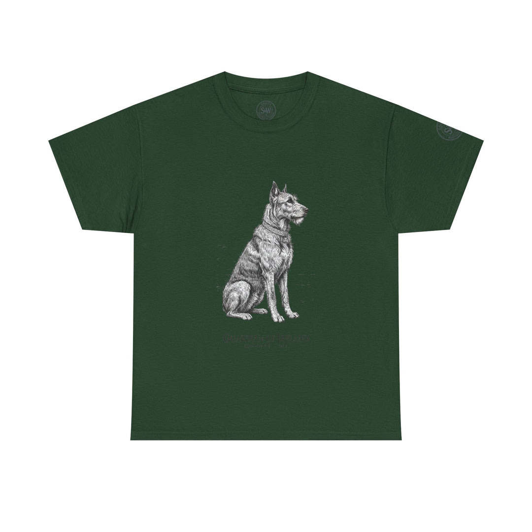 Forest green t-shirt by S&amp;W Gallus with an illustration of an Irish wolfhound sitting on the front.