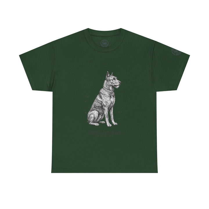 Forest green t-shirt by S&amp;W Gallus with an illustration of an Irish wolfhound sitting on the front.