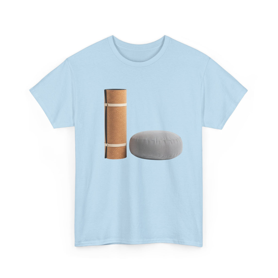 Mat &amp; Meditation Cushion Tee – soft, breathable cotton featuring a yoga-inspired design. Perfect for meditation, studio practice, or mindful everyday wear.