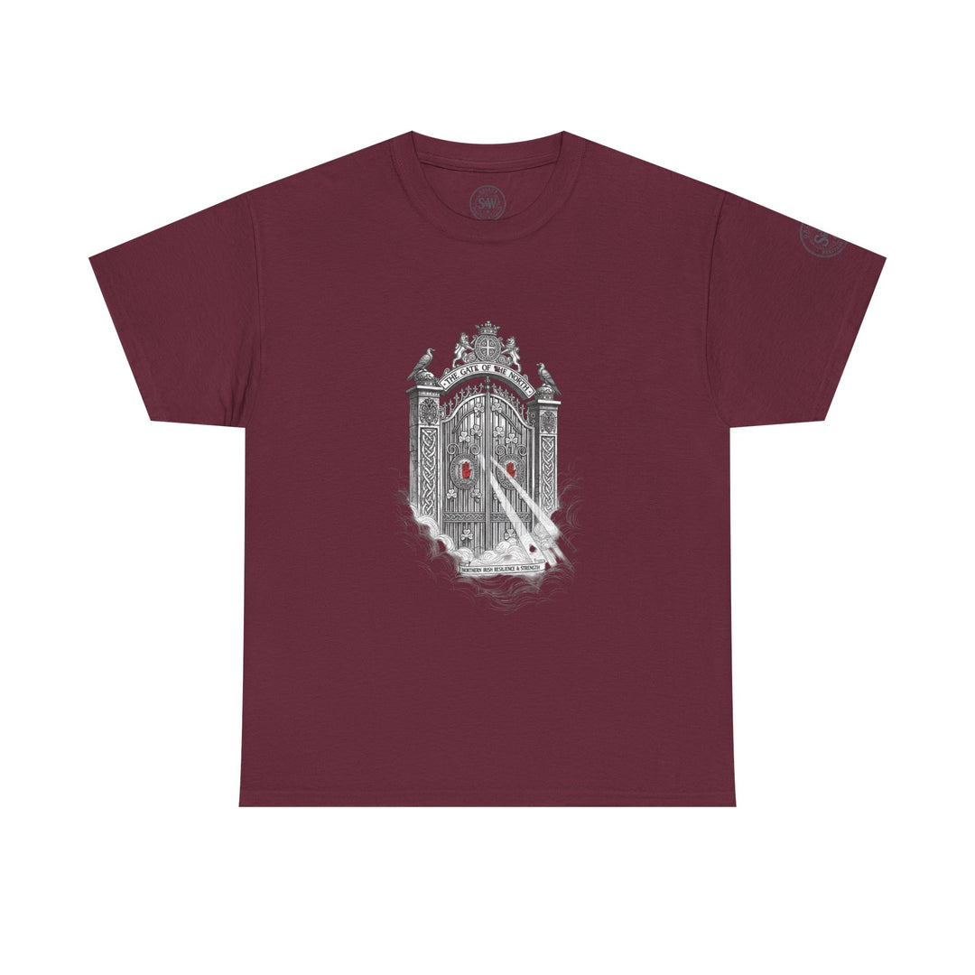 Maroon graphic tee by S&amp;W Gallus featuring an illustrated gate design on the center front.