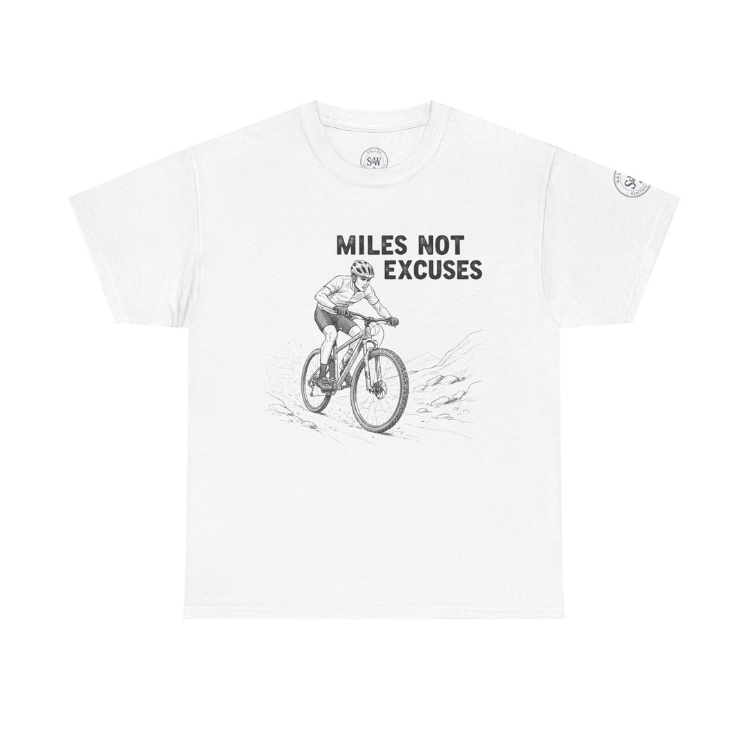 White t-shirt by S&amp;W Gallus, featuring a cyclist and the words "Miles Not Excuses".