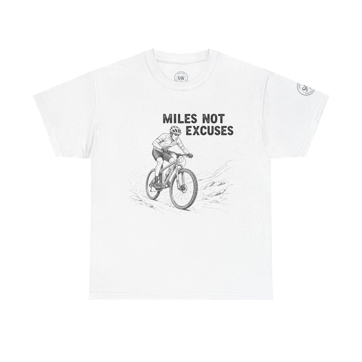 White t-shirt by S&amp;W Gallus, featuring a cyclist and the words "Miles Not Excuses".