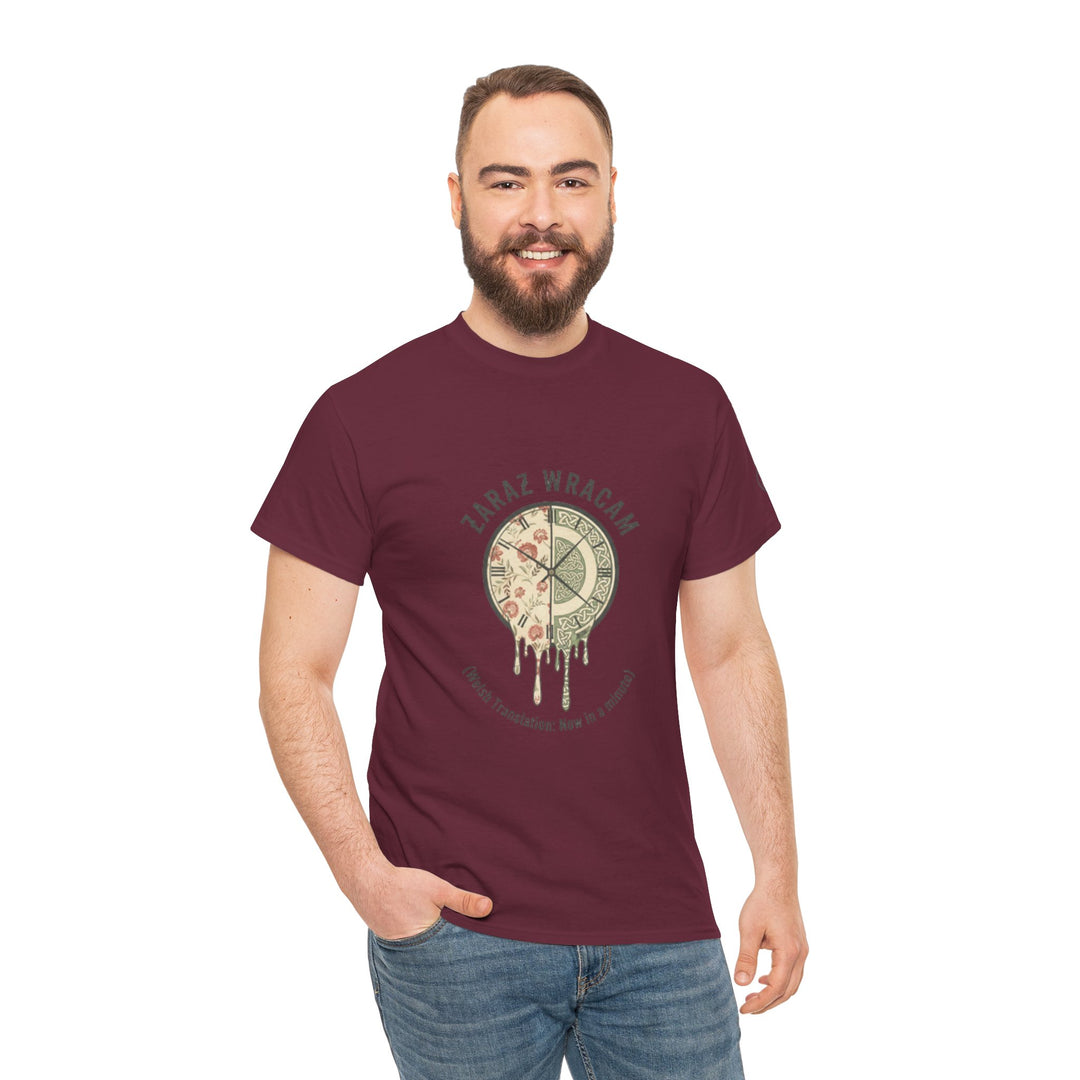 Maroon t-shirt by S&amp;W Gallus featuring a clock pizza drip graphic on the front, paired with denim jeans.