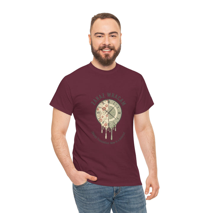 Maroon t-shirt by S&amp;W Gallus featuring a clock pizza drip graphic on the front, paired with denim jeans.