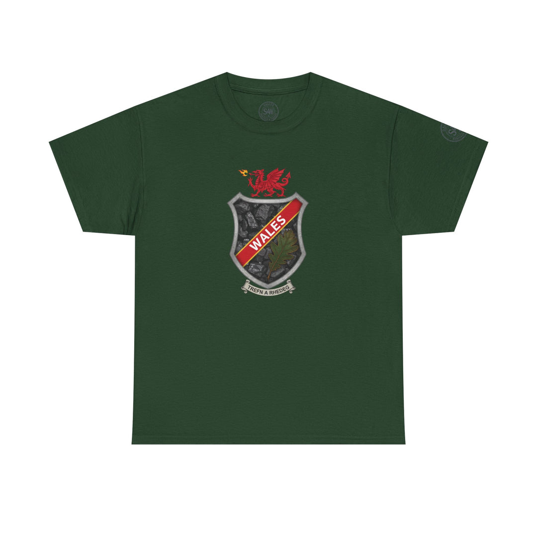 Dark green t-shirt by S&amp;W Gallus with a Welsh shield crest design featuring a red dragon and oak leaf.