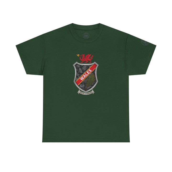 Dark green t-shirt by S&amp;W Gallus with a Welsh shield crest design featuring a red dragon and oak leaf.