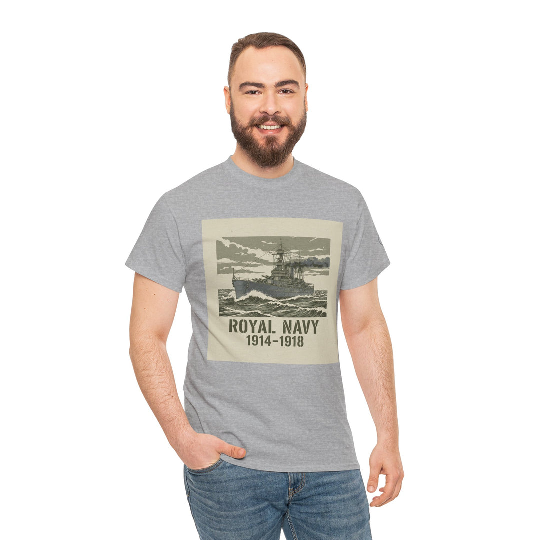 Gray Royal Navy T-shirt by S&amp;W Gallus, featuring a vintage battleship graphic on the front. The man wears jeans and smiles.
