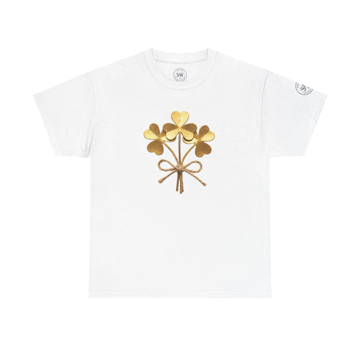 White t-shirt by S&amp;W Gallus featuring golden shamrock bouquet graphic tied with twine.