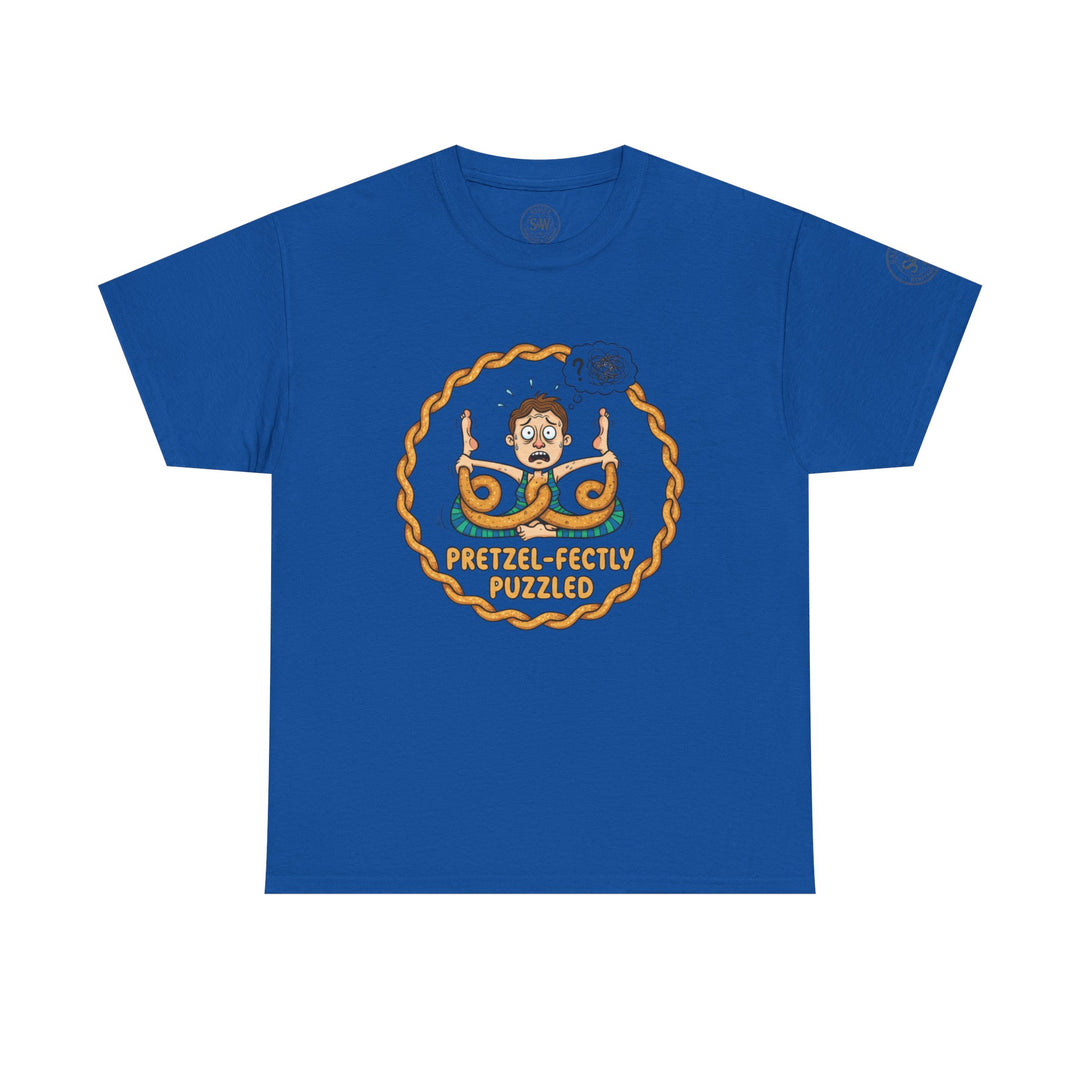 Blue t-shirt by S&amp;W Gallus featuring a cartoon graphic of a person pretzel-fied and the text "Pretzel-fectly Puzzled".