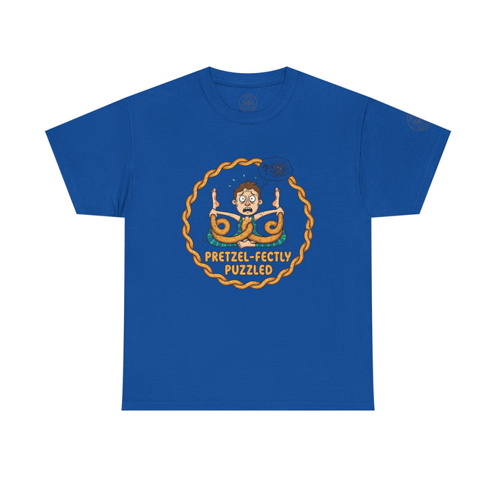Blue t-shirt by S&amp;W Gallus featuring a cartoon graphic of a person pretzel-fied and the text "Pretzel-fectly Puzzled".