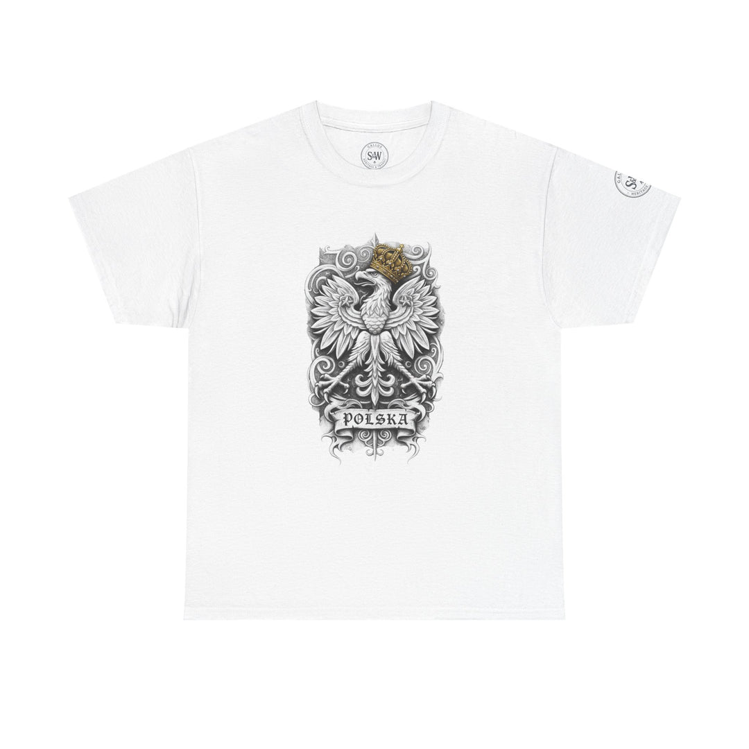 White t-shirt by S&amp;W Gallus featuring a detailed black and white Polish eagle design with a golden crown and "POLSKA" banner.