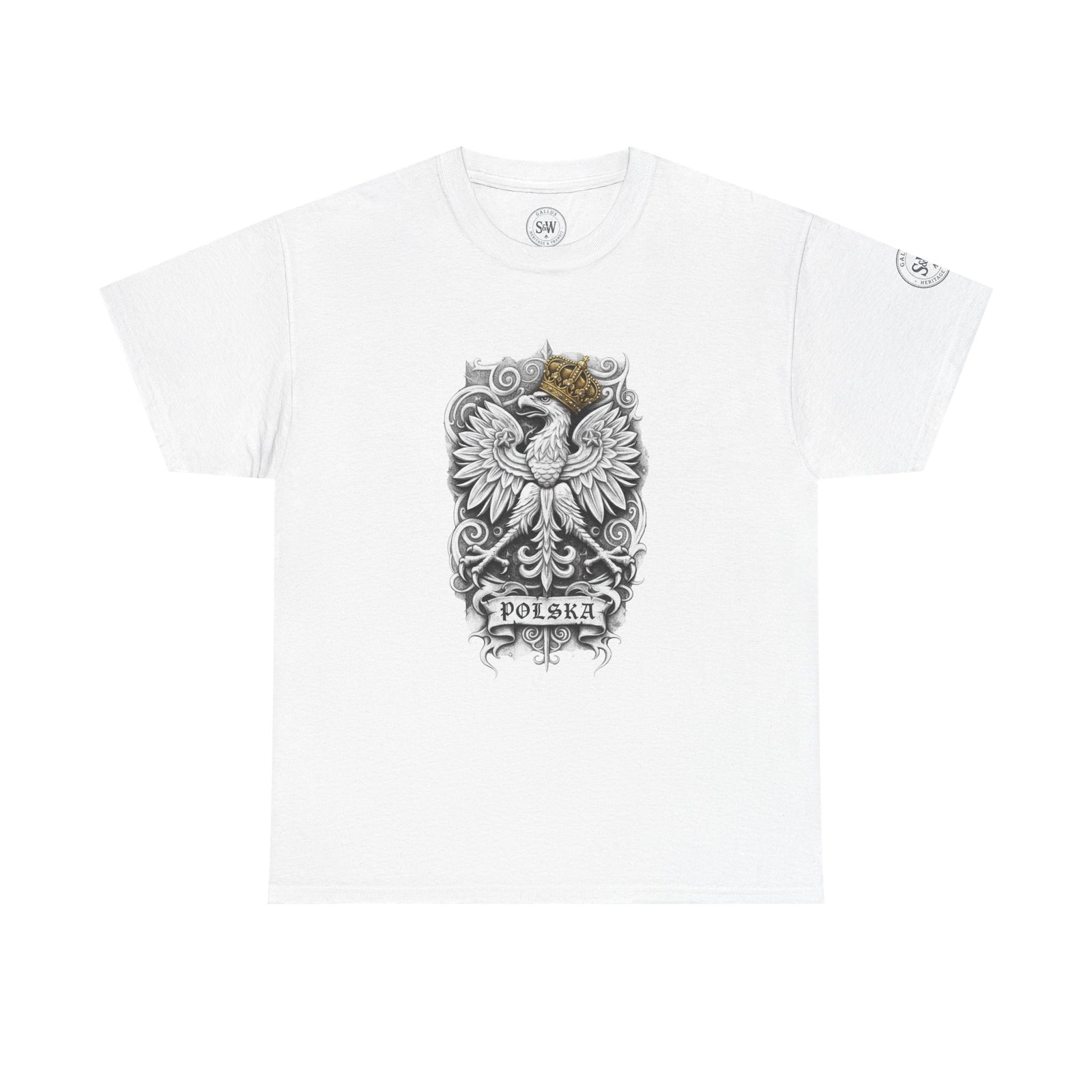 White t-shirt by S&W Gallus featuring a detailed black and white Polish eagle design with a golden crown and "POLSKA" banner.