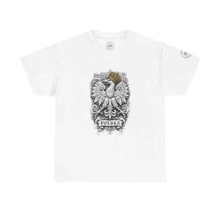 White t-shirt by S&amp;W Gallus featuring a detailed black and white Polish eagle design with a golden crown and "POLSKA" banner.