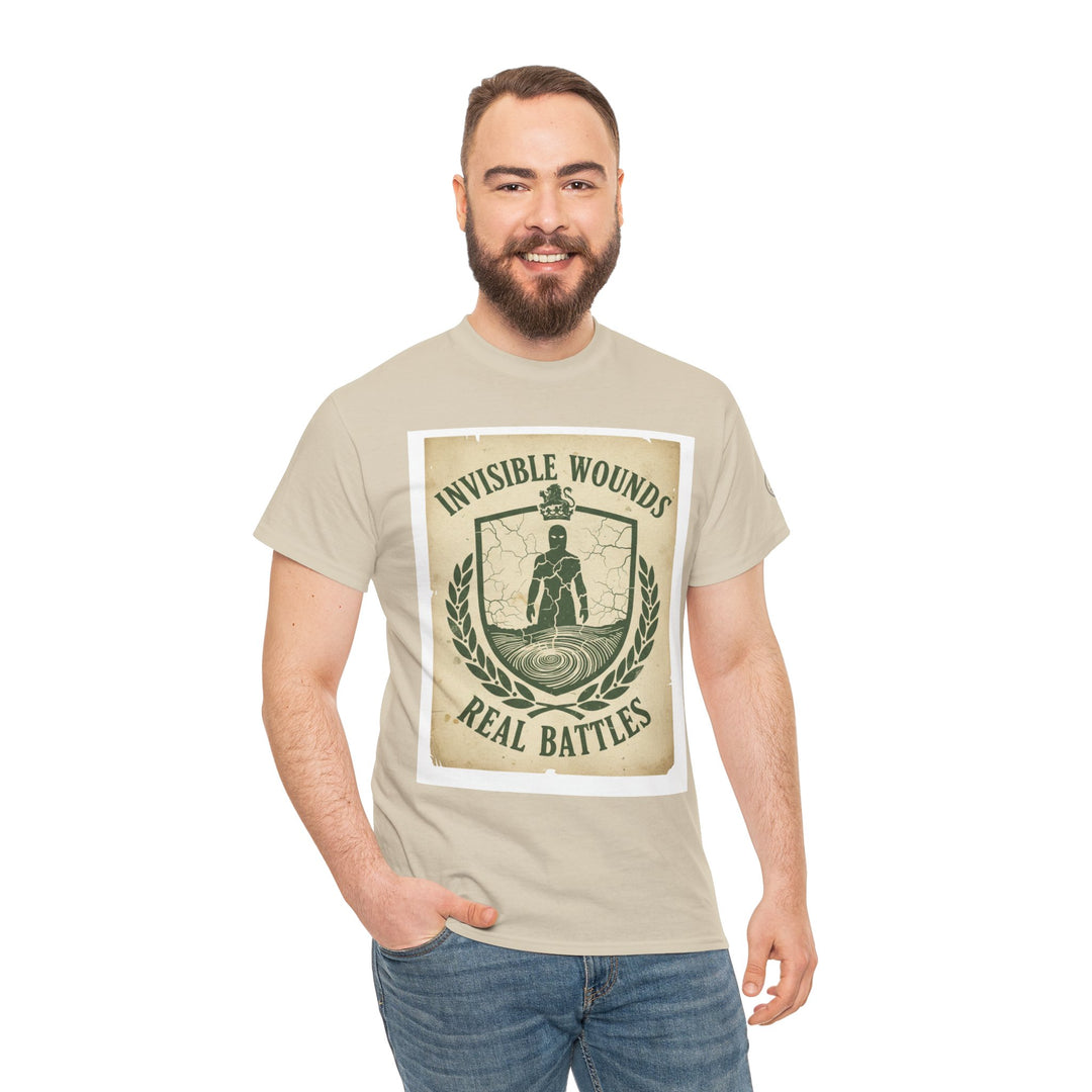 Beige t-shirt by S&amp;W Gallus with a crest design including a cracked silhouette and the words "Invisible Wounds Real Battles."
