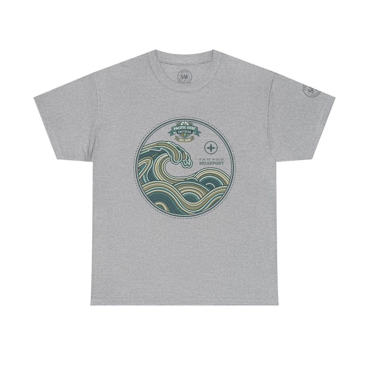 Gray Wave Crest T-Shirt by S&amp;W Gallus, featuring a wave graphic inside a dotted circle.