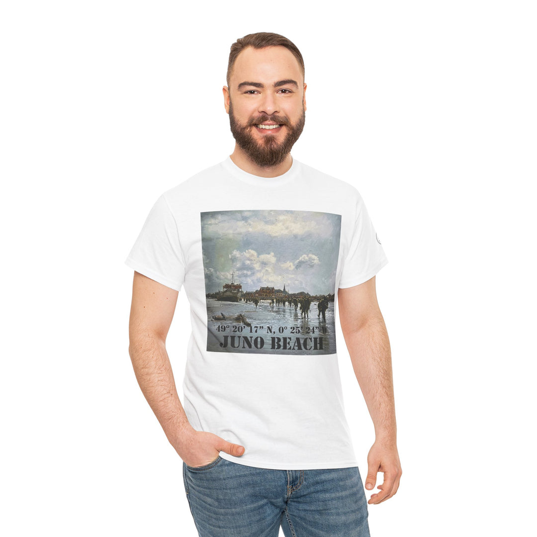 White Juno Beach WWII Coordinates T-shirt by Veteran Owned, featuring a historical beach scene graphic on the front, worn with blue jeans.