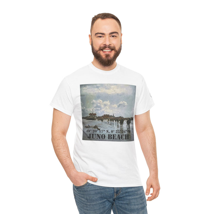 White Juno Beach WWII Coordinates T-shirt by Veteran Owned, featuring a historical beach scene graphic on the front, worn with blue jeans.