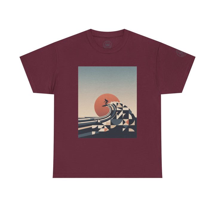 Maroon t-shirt by S&amp;W Gallus featuring a geometric wave graphic with a surfer and a sunset.