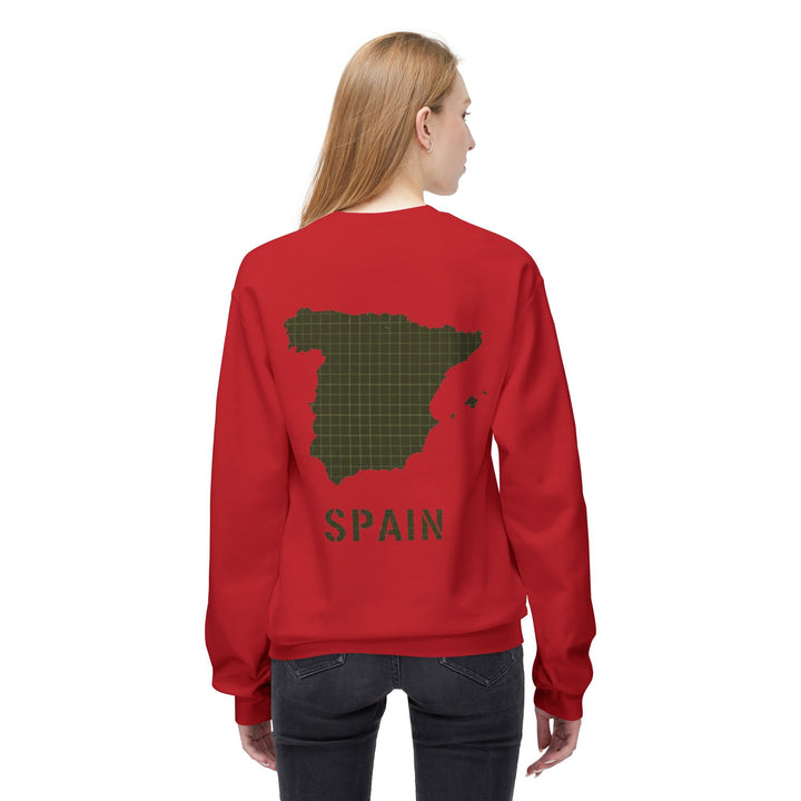 Spain Map Crewneck Sweatshirt — Military Green Grid Spain Graphic