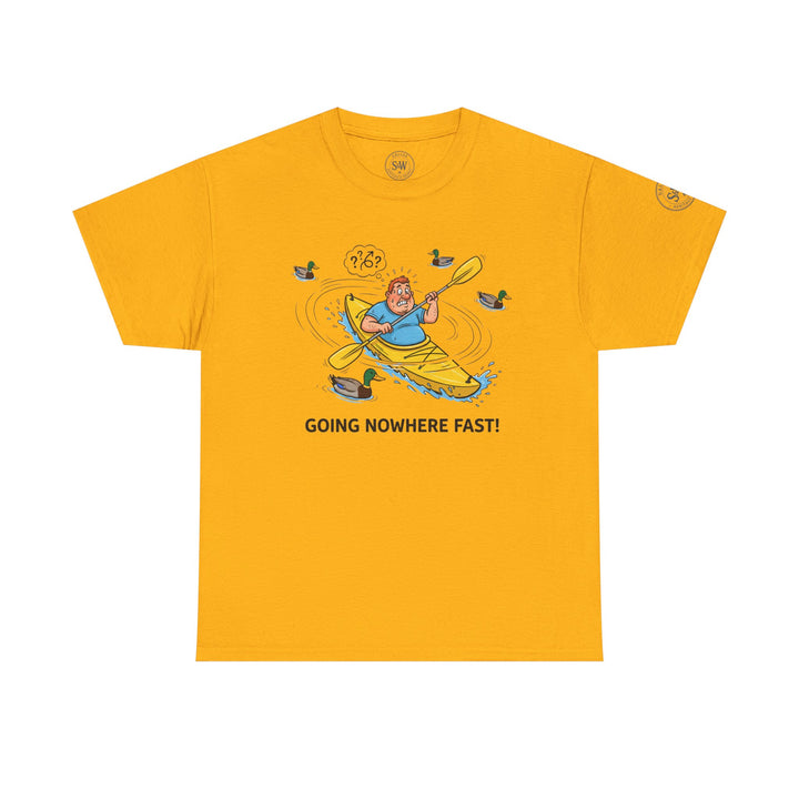 Gold-colored t-shirt by S&amp;W Gallus featuring a cartoon graphic of a man kayaking with ducks and "Going Nowhere Fast!" text.