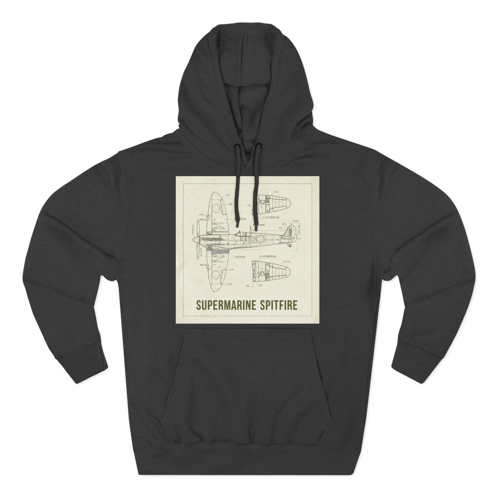 Charcoal hoodie by S&W Gallus featuring a blueprint design of a Supermarine Spitfire on the chest.
