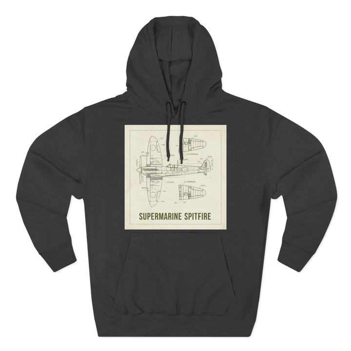 Charcoal hoodie by S&amp;W Gallus featuring a blueprint design of a Supermarine Spitfire on the chest.
