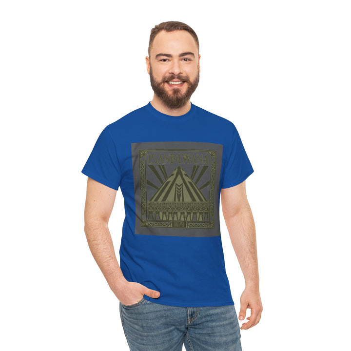 Isandlwana Festival Tee featuring bold “M” pyramid graphic. Outdoor music shirt inspired by iconic landscape vibes.