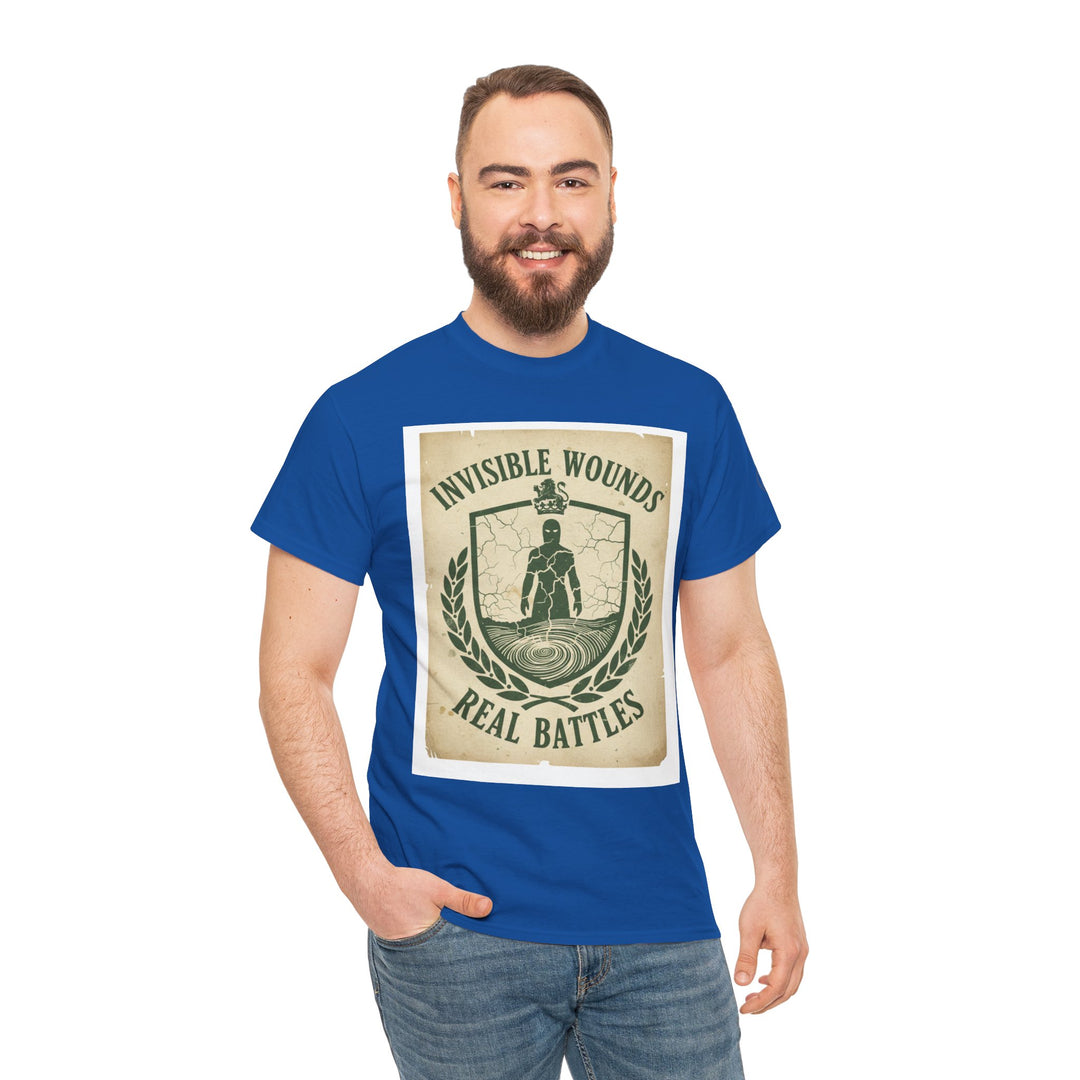 Blue t-shirt by S&amp;W Gallus with a graphic design featuring the text "Invisible Wounds, Real Battles".
